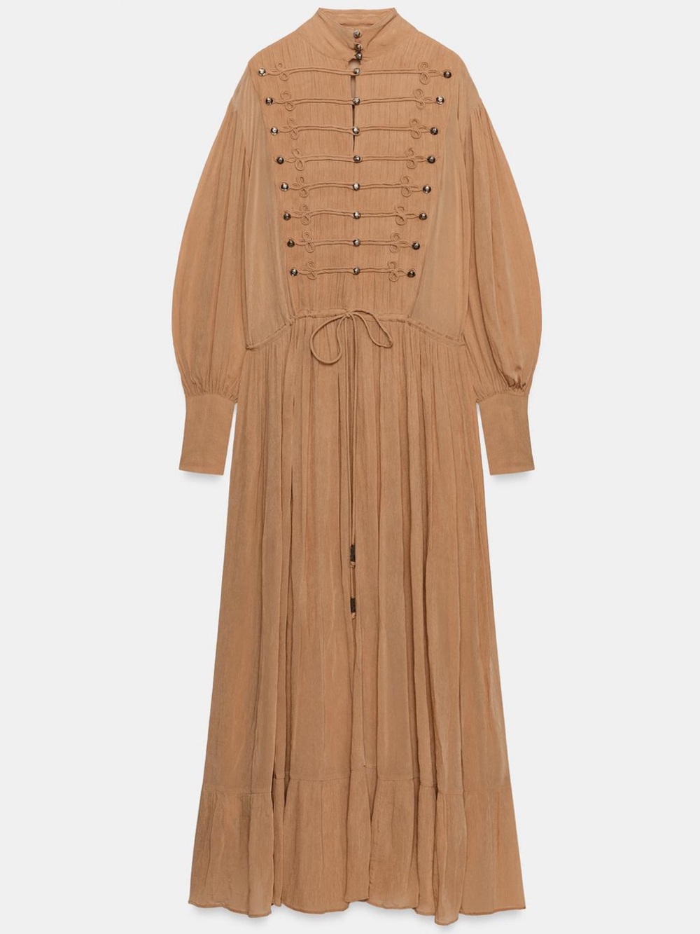 Zara Tan Long Sleeve Maxi Dress with Military-Inspired Front